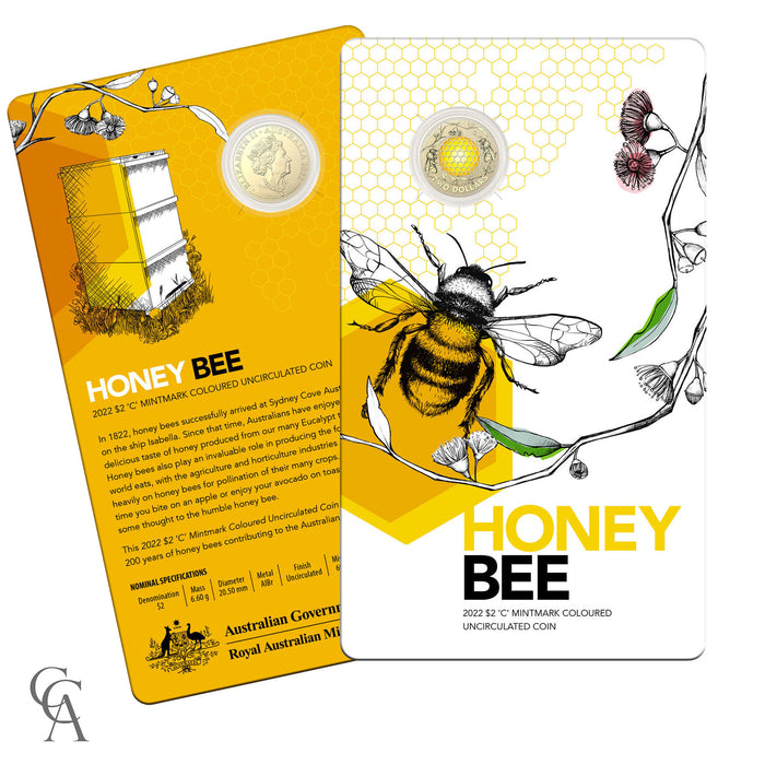 2022 Coloured $2 'C' Mintmark Australian Honey Bee $2 Coin in Card