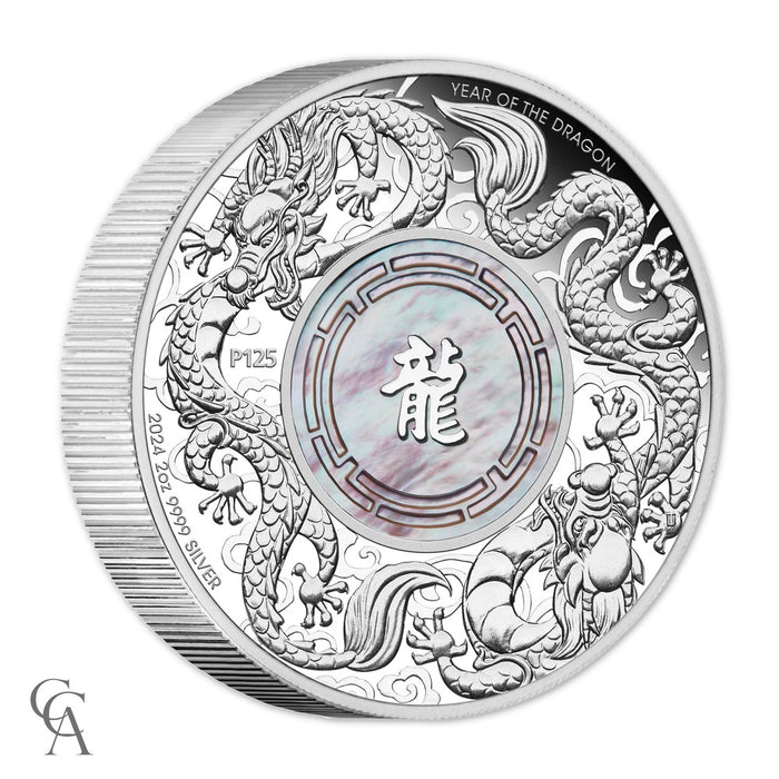 2024 Double Dragon Mother of Pearl $2 2oz Silver Proof Coin